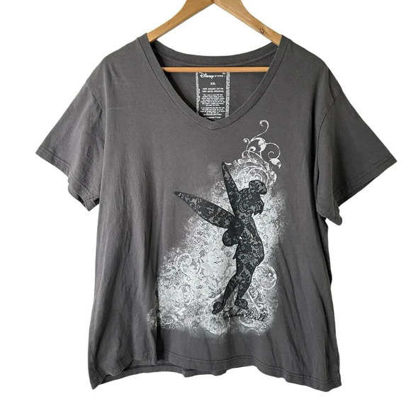 Disney Tinker Bell Grey Graphic T-Shirt Sz XXL Organic Cotton Fairy Lace Overlay - Picture 1 of 9